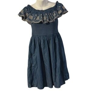 Xhilaration Chambray Off Shoulder Smocked Peasant Dress Embroidered Ruffle M